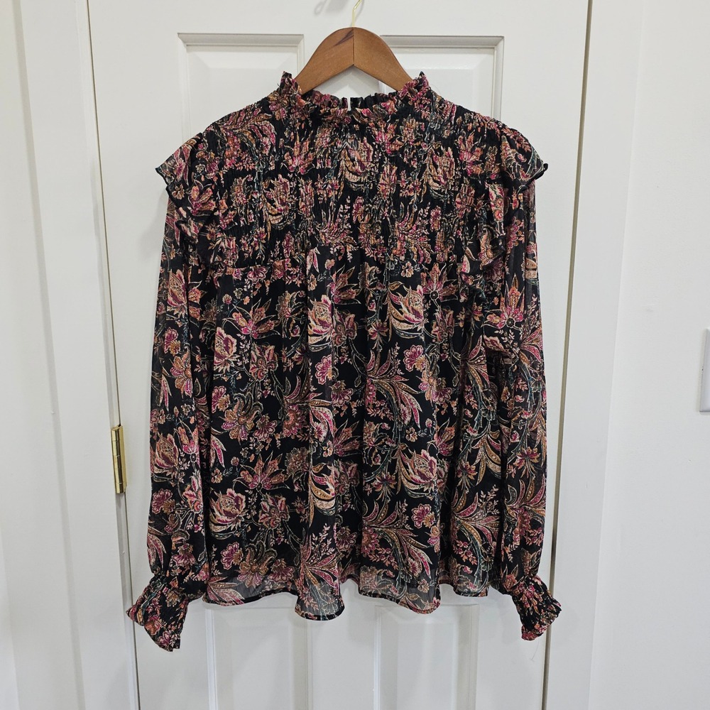 Ophelia Roe Womens Medium Floral Paisley Smocked High Neck Ruffle Blouse Black